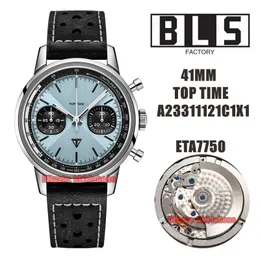BLS -klockor 41mm topptid A23311121C1X1 Rostfritt stål ETA7750 Automatisk kronograf Mens Watch Ice Blue Dial Läderbandstrand Gents armbandsur