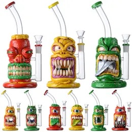 3D Hand Made Hookahs Halloween Style Beecomb Perc Glass Bongs 9 Inch Tongue Eyes Teeth Oil Dab Rigs 14mm Joint Water Pipes With Bowl