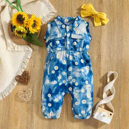 Rompers Newborn Baby Girl Sleeveless Romper Floral Print Jumpsuits With Headband 2 Pieces Child Summer Clothing J220922