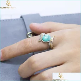 Cluster Rings Retro Sier Feather Turquoise Ring Europa e America Fashion Anelli di fidanzamento per le donne Gioielli da sposa regalo Who Dhp2T