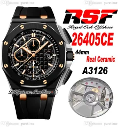 RSF 2640 Gims A3126 Cronografo automatico Orologio da uomo 44 mm Cassa in vera ceramica Quadrante con texture nera Indici a bastone in oro rosa Cinturino in caucciù 2022 Super Edition Pureitme A1