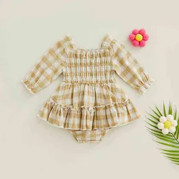 Rompers Baby Girls Autumn Elastic Jumpsuit Outfit Plaid Ruffle Ruffles Casual Long Sleeve Rompers klänning Babykläder J220922