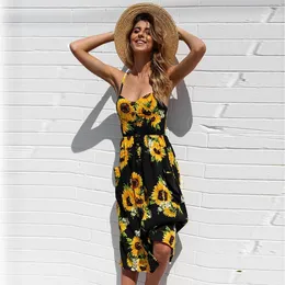 Casual Dresses Summer 2022 Kvinnor Plus Size Sunflower Print Button Beach Dress Woman S-3XL Pocket Midi Sexig Slip Ladies Vestidos