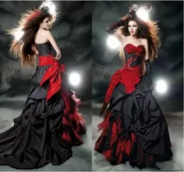 Black And Red Gothic a-line Wedding Dresses Vintage Court Style Sweetheart Ruffle Taffeta Floor Length Big Bow Corset Bridal gown