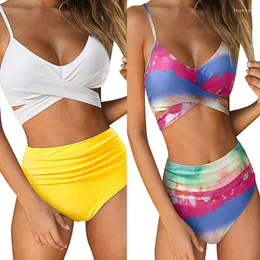 Women's Swimwear Women's Womens Sexy 2pcs Bikini Set Ruched Cross Wrap Tie Back Swimsuit High Waist Tummy Control Gradient Colorful