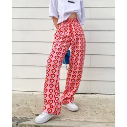 Kvinnor Pants Capris Missnight Pink Heart Printed Straight Elastic High midja Drawstring Fashion Streetwear Vintage Harajuku 220922