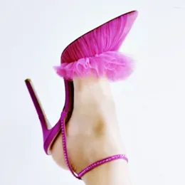 Kl￤nningskor Stylish Mesh Ruffle High Heel Pumpar Kvinnor Pekade t￥sp￤nne Remmar Summer Slingback Sandaler Ladies Heels Party