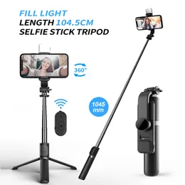 Wireless Bluetooth Remote Portable Extendeável Selfie Stick Tripé com luz para iOS Android Smartphone