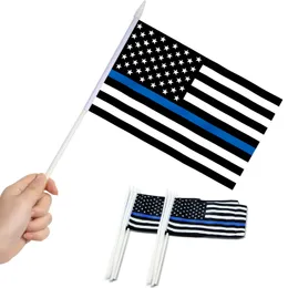 Bannerflaggor Thin Blue Line USA Mini Flag Hand Hålls små miniatyr som hedrar brottsbekämpande myndigheter på Stick Fade Resistant MxHome AMKY2