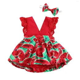 Set di abbigliamento 2022 Cute Infant Baby Anguria Stampa vestiti Set Ragazze senza maniche Profondo scollo a V Tuta corta Bow-nodo Fascia per capelli