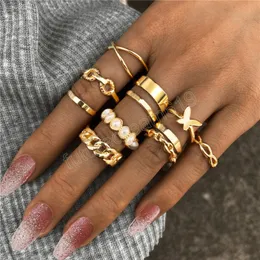 10 Teile/satz Böhmischen Geometrischen Metall Ring Set frauen Vintage Gold Farbe Perle Schmetterling Finger Knuckle Ring Schmuck Geschenk