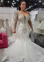 2022 Mermaid Wedding Dresses Luxury Sexy Sheer Long Sleeves Off Shoulder Illusion Lace Appliques Crystal Beaded Flowers Bridal Wedding Gowns Elegant Robe De Mariee