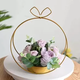 Kwiaty dekoracyjne sztuka złoty żelazny stojak na kwiat ręczny koszyk kreatywny aranżacja świąteczna ornament