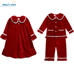 Pyjamas Winter Essential Christmas Set Sleepwear Kids Girls Red Velvet Lace Long Sleepants Children Clothing Baby Boys Pass 220922