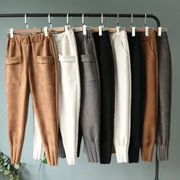 Women's Pants Capris Casual Autumn Winter Korean Elastic High Waist Pockets Suede Harem Trousers Pantalon Femme 220922