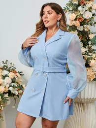 Plus Size Kleider Simplee Herbst Büro Feste Beiläufige Arbeitskleidung Frauen Kleid Elegante Tüll Nähte Knopf Gürtel 4XL Kerb