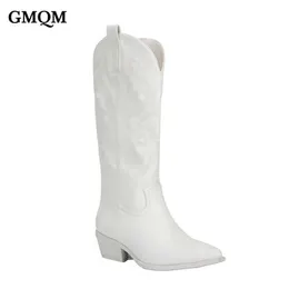 Boots GMQM Brand Fashion Women Westem Cowboy Mid-Calf Dropship Lady New 2022 Autumn Winter Metalic Sexy Pumps High Heels Y2209