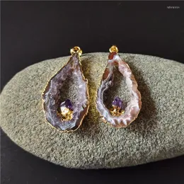 Pendant Necklaces FUWO Natural Geode Slice With Gold Color Plated Raw Crystal Agates Fixed Amethysts Charm Jewelry Wholesale PD083