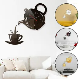 Duvar Saatleri 3D Saat Çıkartmaları DIY Akrilik Kahve Fincan Çaydan Teapot Dekoratif Mutfak Oturma Odası Yemek Çıkartmaları Yatak Odası Ofis Dekoru