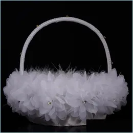 파티 장식 1pcs 귀여운 손잡이 꽃 소녀 바구니 흰색 바구니 웨딩 드롭 배달을위한 직물 레이스 2021 홈 정원 축제 DHCFG