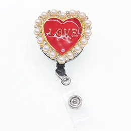 10st/Lot Sparkly Rhinestone Pearl Love Heart Shape Key Rings Dractable Badge Reel Holder With Alligator Clip for Student Office Staff Nurse Accessories