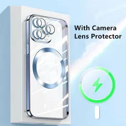 Elektropläterad magnetisk trådlös klar iPhone -fodral för iPhone14 Pro Max 13 12 11 Kameralinsskyddsskydd