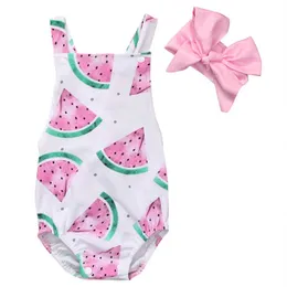 Rompers 2020 Yeni doğan kız bebek romper kıyafetleri yaz kolsuz karpuz sırtsız tulum kafa bandı 2 adet kıyafetler Sunsuit j220922