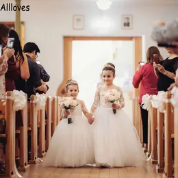 Illusione a maniche lunghe tulle abiti da ragazza fiore per bambini in pizzo appliqued per bambina abito da ballo da ballo per compleanno