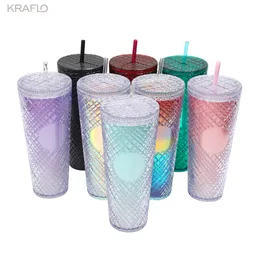 New Amazon Studded Mugs Small MOQ DIY Available 24OZ Venti diamond Double Wall Coffee Matte Plastic Bulk Tumbler Grid Pineapple Cup