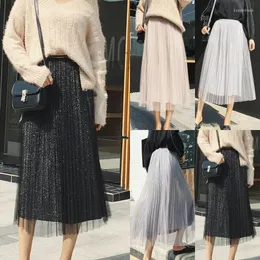 Skirts 2022 Est Womens Solid Shining Sequins Long Pleated Skirt Elastic Waist Double Layer Lace Party Evening