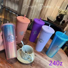 2022 Starbucks 24oz/710ml Plastic Mugs Tumbler Reusable Clear Drinking Flat Bottom Pillar Shape Lid Straw Cups mug The new hot product for factory direct sale YY