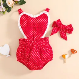 Rompers nyfödda babyflickor Alla hjärtans dagskostymer Red Dot Print ärmlös rygglös Romper Jumpsuit pannbandskläder J220922