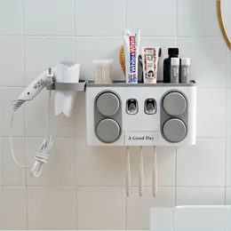 Badezimmer-Aufbewahrungsorganisation Haartrockner Rack Matic Tootaste Dispenser Staubdichter Zahnbürstenhalter mit Tasse Kein Nagel Wandständer Drop Dhohp