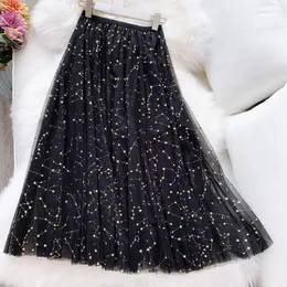 Skirts Women Pretty Tulle Long Skirt WF0013 Spring Summer Sparkling Star Swing Sequin Tule Black Blue Pink