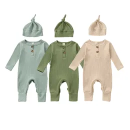 Rompers 2022 Autumn Baby Romper Rewber Longt Sleeve Newborn Girls Boys Bemsuit Whitfit Solid Stidler Children Clothing and Hat Set J220922