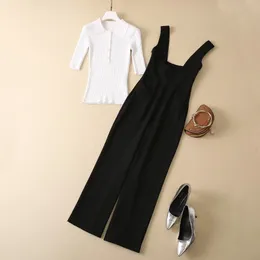 2022 Autumn White Solid Color Two Piece Pants Sets Half Sleeve Lapel Neck Knitted Top & Black Overalls Suspender Trousers Pants Suits Set 22S23PT