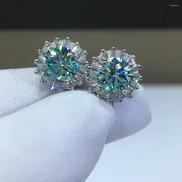 Stud Earrings Silver 925 Original Diamond Test Past Total 2 Carat Brilliant Cut Green&Blue Moissanite Snowflake Gemstone Jewelry