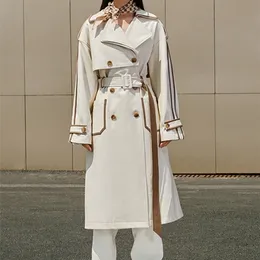 Kvinnors dikerockar Lautaro Spring Autumn Long Color Block Pu Leather Trench Coat for Women Belt Tickets Designer Löst snygga lyxkläder 220924