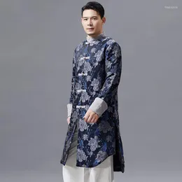Etnik Giyim Erkek Tang Takım Uzun Ceket Erkek Cheongsam Tarzı Stand Yakası Top Geleneksel Bahar Sonbahar Çince