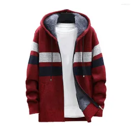 남자 재킷 지퍼 업 남성 2022 후드 코트 컬러 블록 니트 가을 겨울 두껍고 플러시 따뜻한 가디건 스웨터 재킷