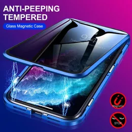 Custodie in metallo per la privacy in vetro temperato magnetico per iPhone 14 13 12 XS 11 Pro MAX X XR 7 8 6 6S Plus 360 Custodia protettiva antispia con magnete