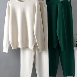 Zweiteilige Damenhose EZSSKJ 2-teiliges Pullover-Set Damen-Trainingsanzug mit Rundhalsausschnitt, lockere Hose, CHIC-Pullover, gestrickter Karottenhosen-Satz 220922