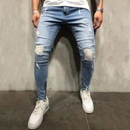 Jeans maschile streetwear uomini hip hop lato striscia bianca jeans fori per ginocchini angosciati strati di alta qualità slim fit pantaloni in denim 220923