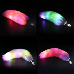 Anal Toys Luminous LED Lighting Metal Silicone Butt Anus Couples Women Cosplay Animal Glowing Ass Plug med Tail Fur Sexualiy Toy 220922