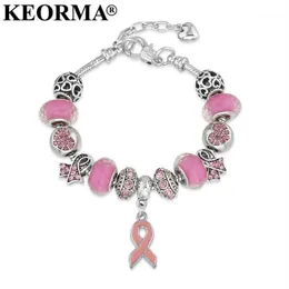 Keorma Conciencia del cáncer de mama Pink Ribbon Pends Heart Chain Cadena de serpiente Ajustable brazalete de encanto ajustable brazalete Mujeres Día de la madre G295J