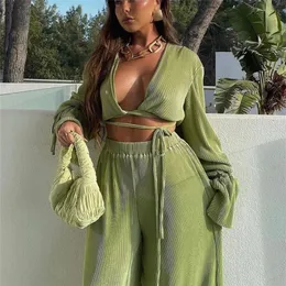 Calças de duas peças femininas Clacive Sexy Green Set Set Women Women Casual Logo Bandrage Bloups Camisa que combina as calças de perna larga terno elegante de 2 peças de calça 220922