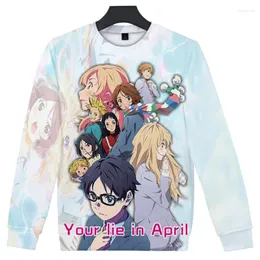 Herrtröjor män tröjor din lögn i april anime crewneck sweatshirt kvinnor/män mode långärmad 3d casual streetwear