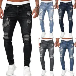Мужские джинсы мужской мужской панк -стиль эластичный разорванный скинни -бикерскую вышивную печать разрушенная рука