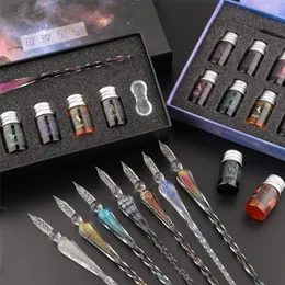 Fountain Pens 713PCSBox Invisible Fluorescence Ink Glass Pen Crystal Dip Pen Set With UV Light For Calligraphy Writing Ritning Kid Gift 220923