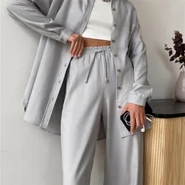 Women's Two Piece Pants WOTWOY Spring Casual Shirts and Pants TwoPieces Set Women High Waist Loose Drawstring Trousers Female Buttonup Cozy Shirt 220922